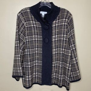 DRESSBARN Cardigan Sweater Gray Tan Plaid Oversized Buttons 3/4 Sleeves Large